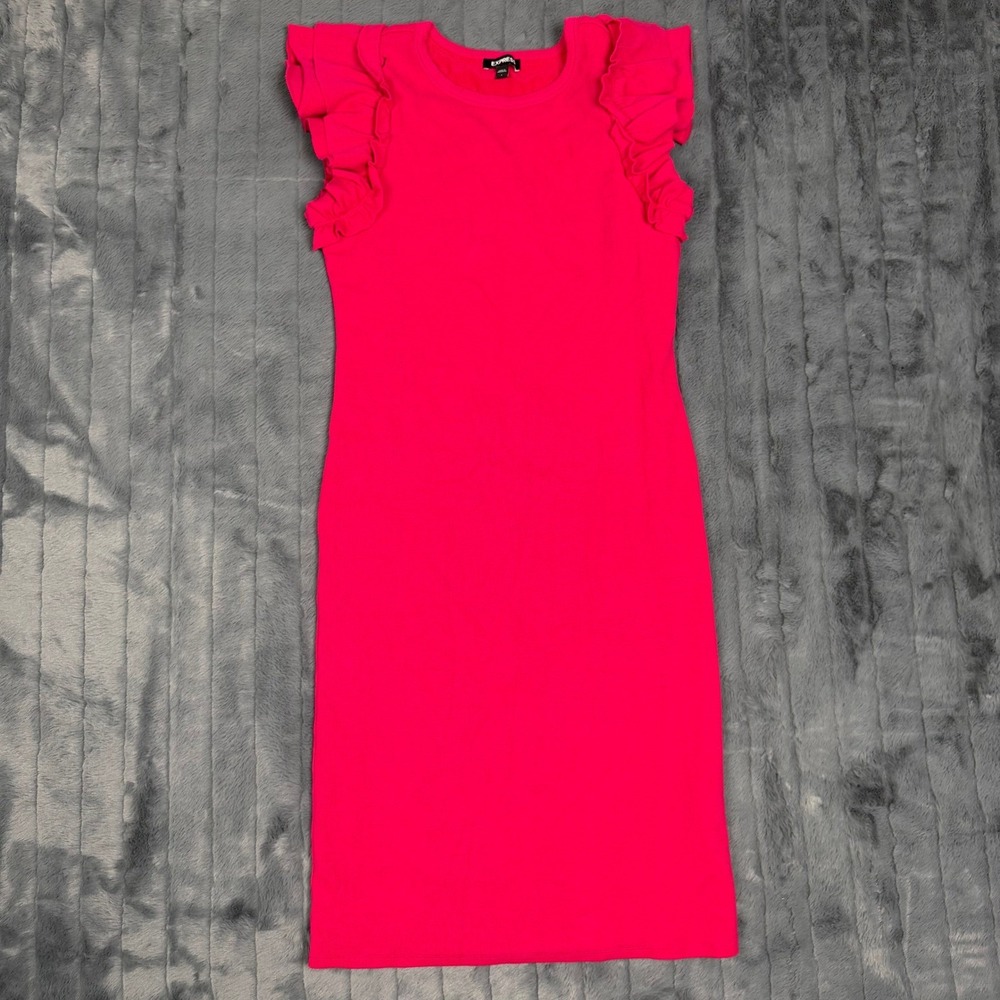 Express Pink Ruffle Shoulder Ribbed Sheath Dress Womens Large Sleeveless Midi